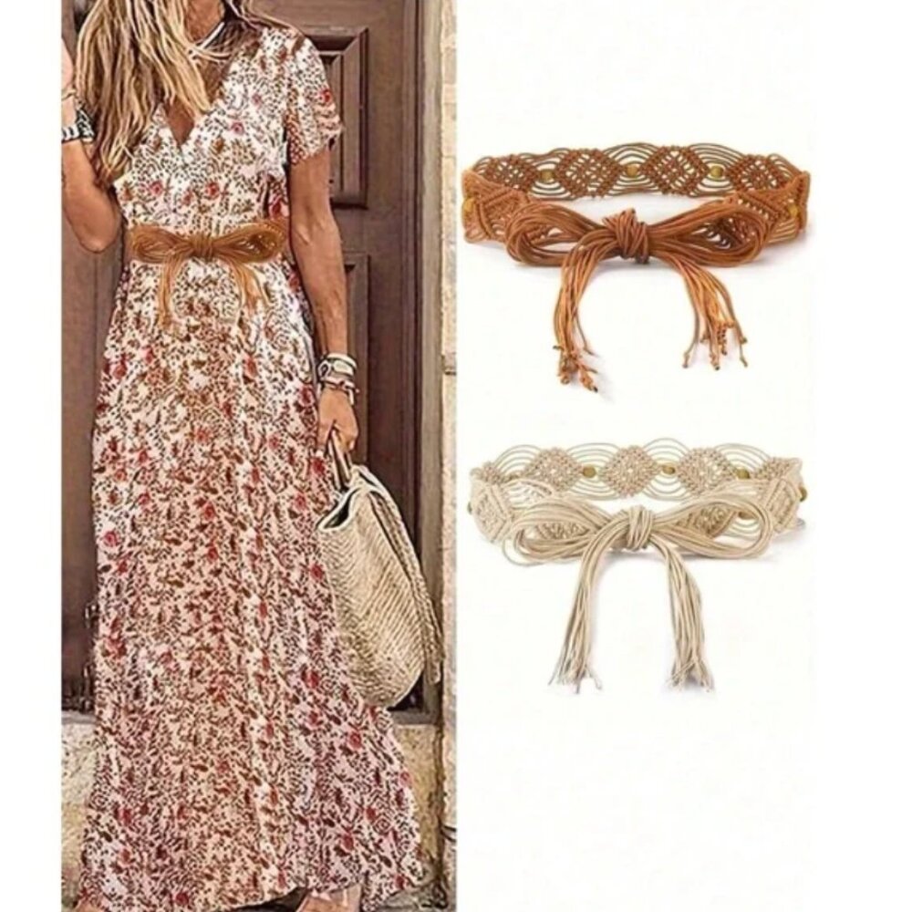 Boho Natural Woven Braided Bead Adjustable Wrap Belt